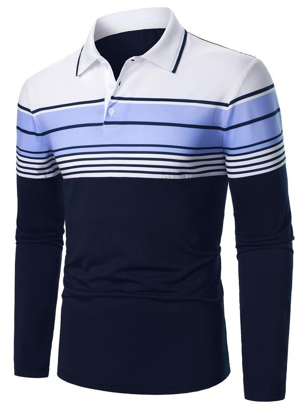 Men's Striped Print Polo Shirt, Regular Fit Casual Long Sleeve Button Front Top for Fall & Winter, Men's Clothes for Daily Wear