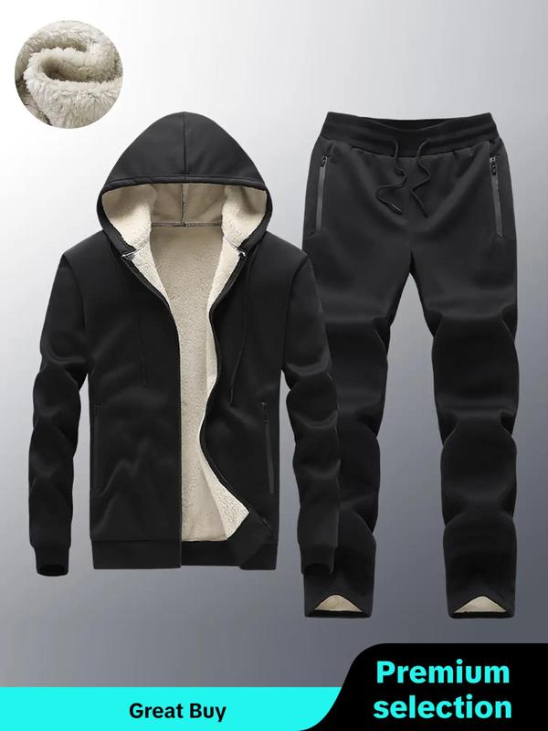 Men's Solid Thermal Lined Zip Up Hoodie & Drawstring Waist Sweatpants Two-piece Set, Regular Fit Casual Long Sleeve Hooded Sweatshirt & Pocket Pants for Fall & Winter, Men's Two-piece Outfits for Daily Wear