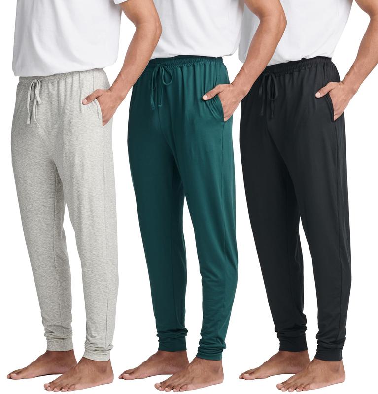 Real Essentials 3 Pack: Men's Soft Lounge Sleep Joggers - Pajama Pants Drawstring & Pockets (Available in Big & Tall)