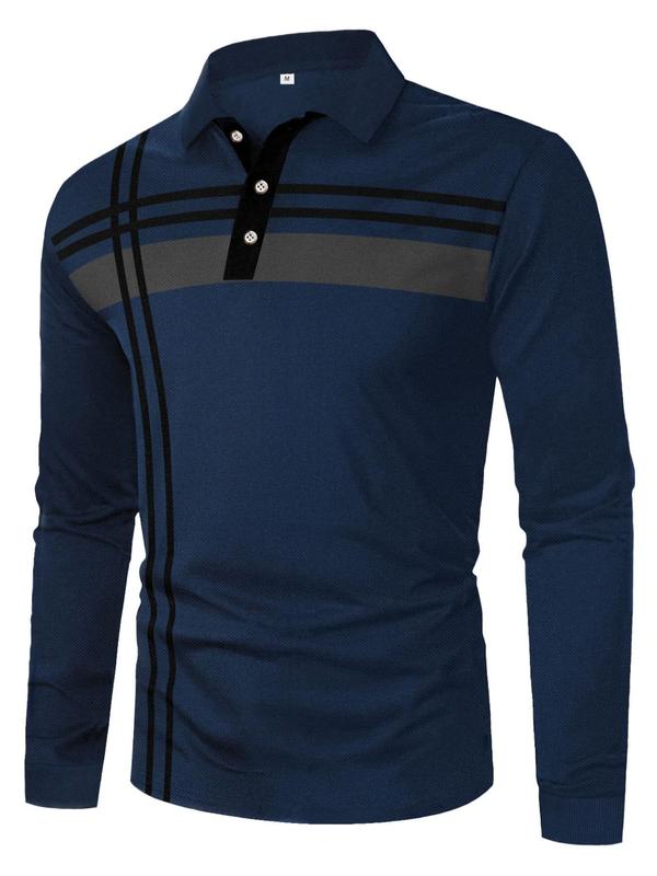 Men's Striped Print Button Front Polo Shirt, Regular Fit Casual Long Sleeve Collared Top for Spring & Fall,  Polo Shirts Men,  Fashion Men's Clothes for Daily Wear