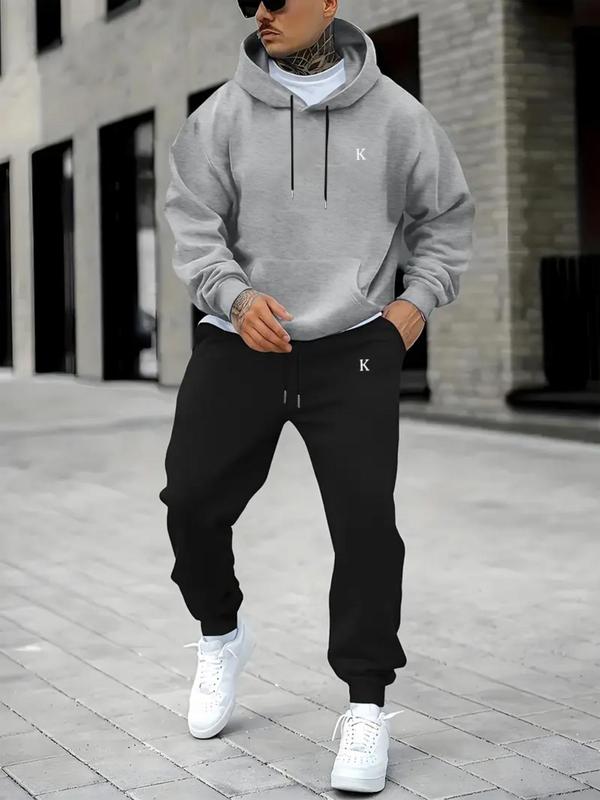 Men's Letter Print Drawstring Hoodie & Sweatpants Sports Sweat Suit Set, Casual Regular Fit Long Sleeve Hooded Sweatshirt & Pocket Jogger Pants, Men Two-piece Outfits for Fall & Winter