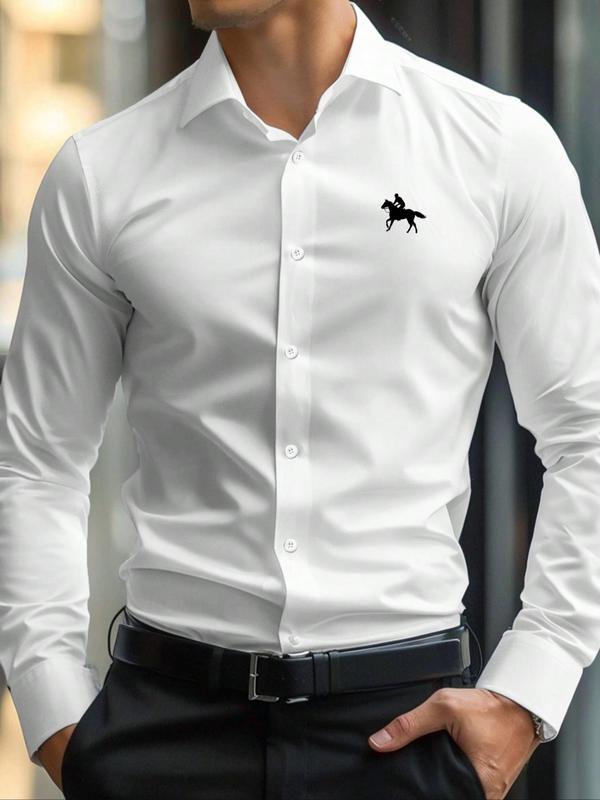 Men's Regular Fit Plain Long Sleeve Collared Shirt, Casual Business Horse Embroidery Top for Spring & Fall, Men's Clothes for Daily Wear