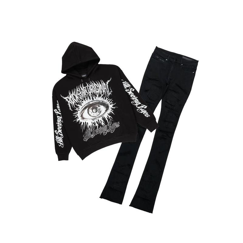 All Seeing Eyes Black Hoodie & Camden Super Stacked Flare Jean Bundle