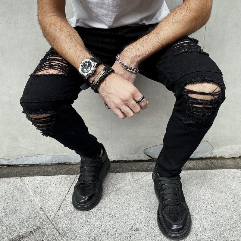 Men Stylish Ripped Stretch Skinny Biker Jeans Male HipHop Style Black Holes Pencil Denim Pants For Men's jean Trousers