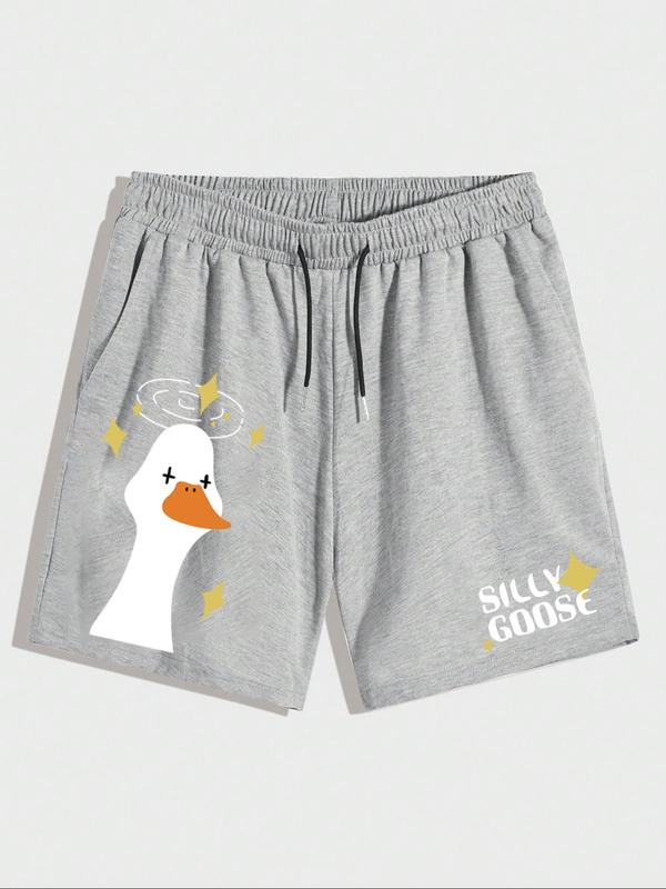 Men's Cartoon Goose & Letter Print Drawstring Sleep Shorts, Regular Fit Casual Comfy Elastic Waist Pocket Shorts for Daily Wear, Sleepwear Loungewear for All Seasons, Essentials Shorts, Shorts for Men