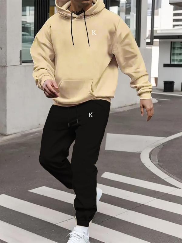 Men's Letter Print Drawstring Hoodie & Sweatpants Sports Sweat Suit Set, Casual Regular Fit Long Sleeve Hooded Sweatshirt & Pocket Jogger Pants, Men Two-piece Outfits for Fall & Winter