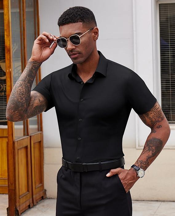 Alimens&Gentle Stretch Dress Shirts for Men Short Sleeve Slim Fit Casual Button Down Shirts Muscle Fit Men's Dress Shirts