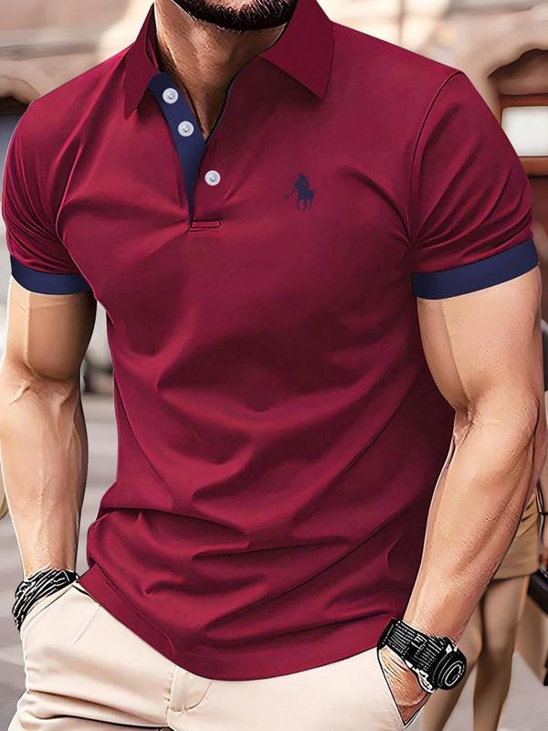 Men's Regular Fit Contrast Binding Polo Shirt, Casual Short Sleeve Button Collar Top for Summer, Fashion Men's Clothes for Daily Wear