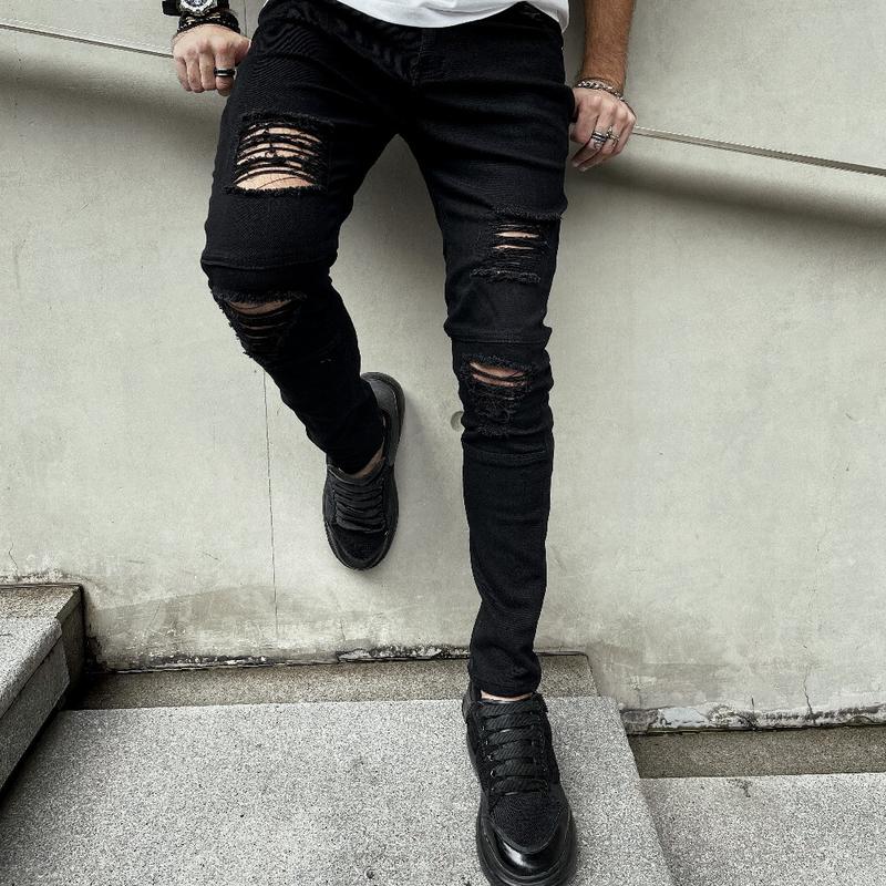 Men Stylish Ripped Stretch Skinny Biker Jeans Male HipHop Style Black Holes Pencil Denim Pants For Men's jean Trousers