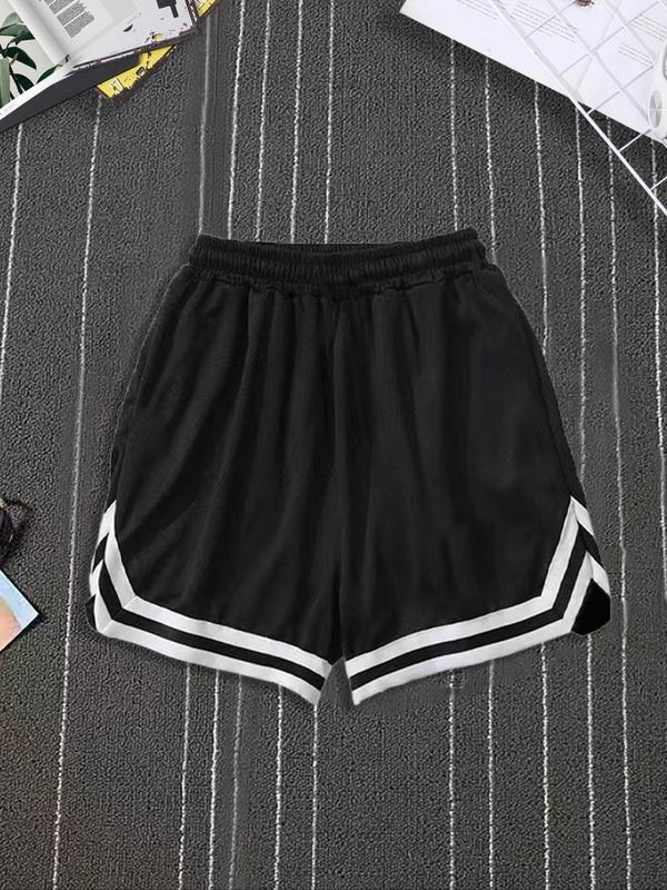 Men's Contrast Binding Drawstring Waist Shorts, Regular Fit Casual Pocket Asymmetrical Hem Track Shorts for Summer, Men's Bottoms for Daily Wear