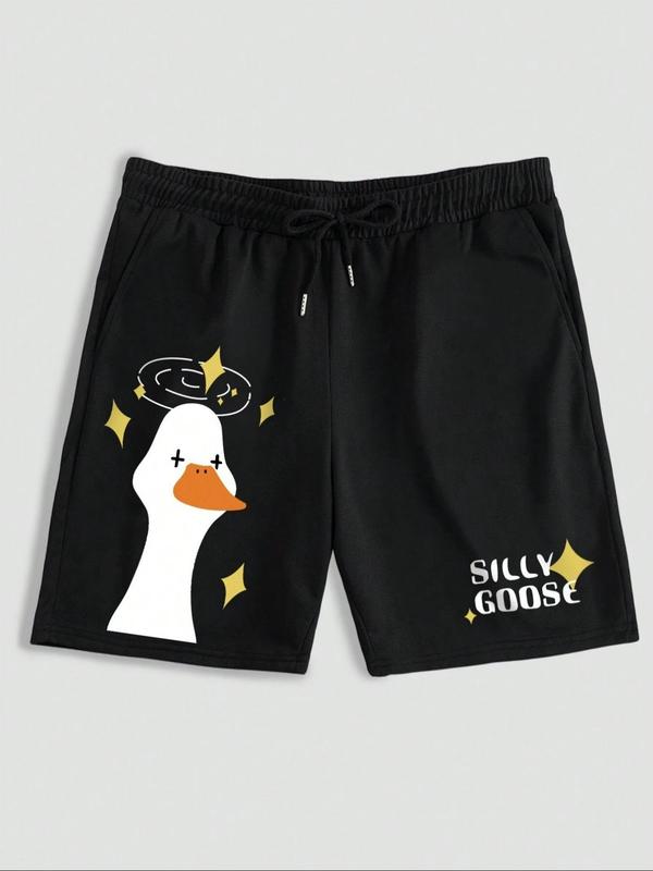 Men's Cartoon Goose & Letter Print Drawstring Sleep Shorts, Regular Fit Casual Comfy Elastic Waist Pocket Shorts for Daily Wear, Sleepwear Loungewear for All Seasons, Essentials Shorts, Shorts for Men