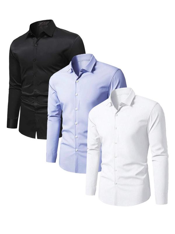 Men's Solid Long Sleeve Button Front Shirt, Business Formal Collared Shirt for Work Office, Fashion Men's Clothes for All Seasons