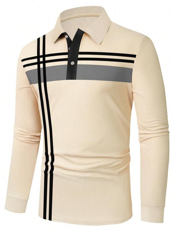 Men's Striped Print Button Front Polo Shirt, Regular Fit Casual Long Sleeve Collared Top for Spring & Fall,  Polo Shirts Men,  Fashion Men's Clothes for Daily Wear