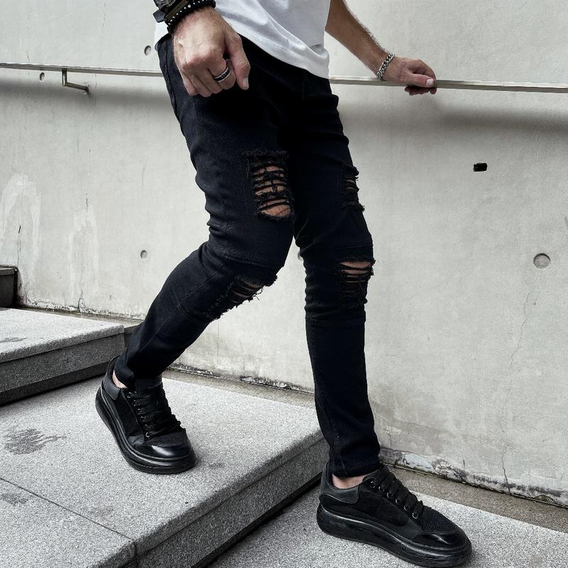 Men Stylish Ripped Stretch Skinny Biker Jeans Male HipHop Style Black Holes Pencil Denim Pants For Men's jean Trousers