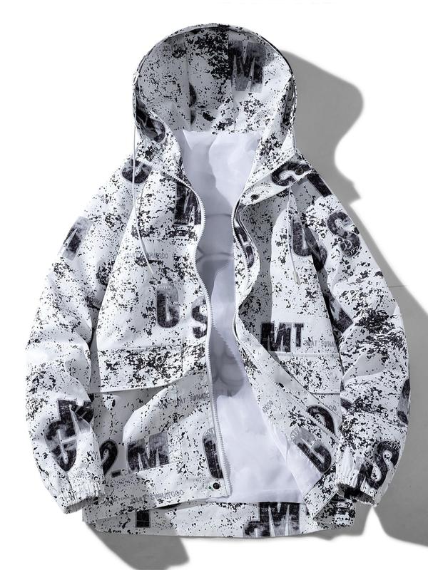 Men's All Over Print Zip Up Hooded Jacket, Regular Fit Casual Drawstring Pocket Patched Outerwear for Spring & Fall, Fashion Men's Clothes for Daily Wear