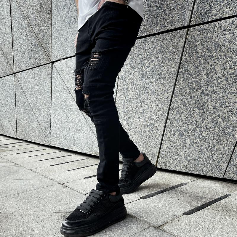 Men Stylish Ripped Stretch Skinny Biker Jeans Male HipHop Style Black Holes Pencil Denim Pants For Men's jean Trousers