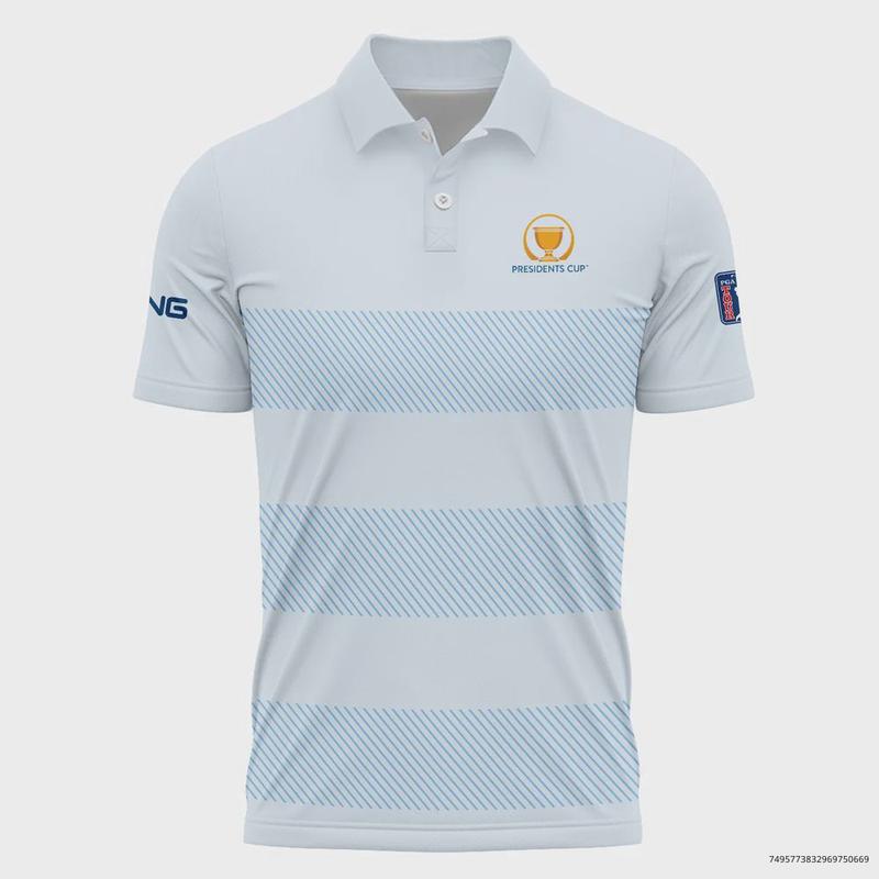 PPing Golf Polo Shirt for Men Presidents Cup Light Blue Background Line Blue Print