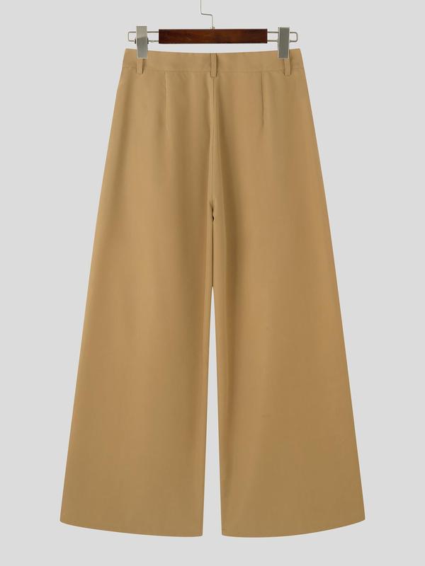 Men's Solid Pocket Plicated Wide Leg Pants, Loose Casual Comfy Button Fly Trousers for Daily Wear, Woven Bottoms for All Seasons