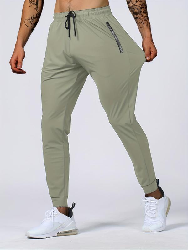 Men's Solid Drawstring Waist Jogger Pants, Summer Outfits 2024, Casual Soft Breathable Plain Regular Fit Zipper Pocket Trousers For Summer, Back-to-School Clothing, Menswear