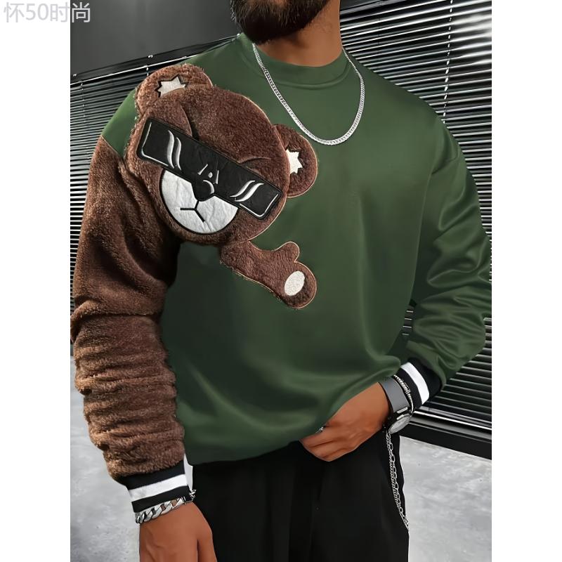 1pc Men'S Casual Cartoon Bear Embroidery Sweatshirt, Polyester Knit Pullover with Round Neck and Regular Fit Collar Fabric