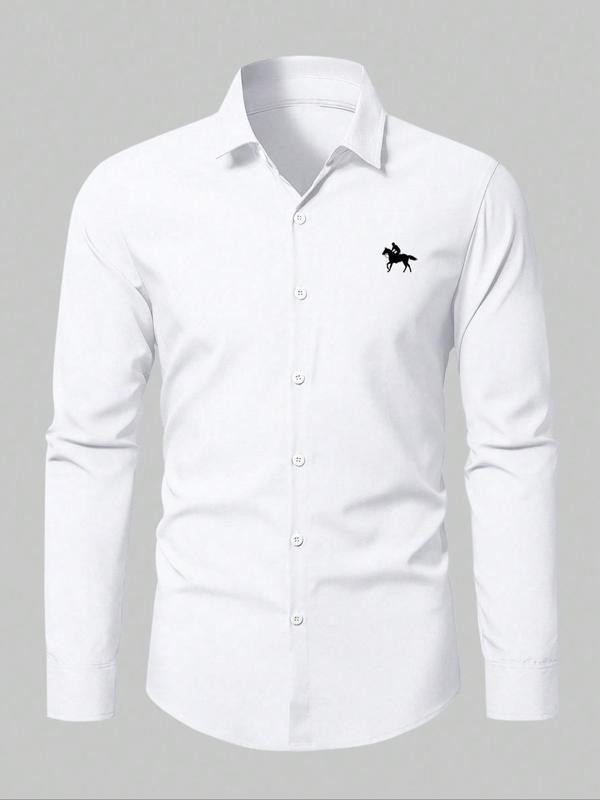 Men's Regular Fit Plain Long Sleeve Collared Shirt, Casual Business Horse Embroidery Top for Spring & Fall, Men's Clothes for Daily Wear