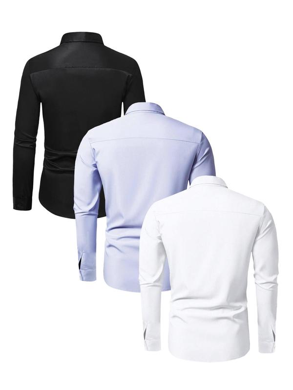 Men's Solid Long Sleeve Button Front Shirt, Business Formal Collared Shirt for Work Office, Fashion Men's Clothes for All Seasons