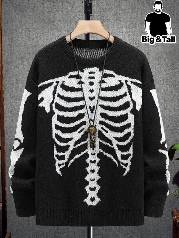  Skeleton Print Drop Shoulder Sweater, Casual Street Long Sleeve Round Neck Jumper for Fall & Winter, Men's Knitwear for Daily Wear