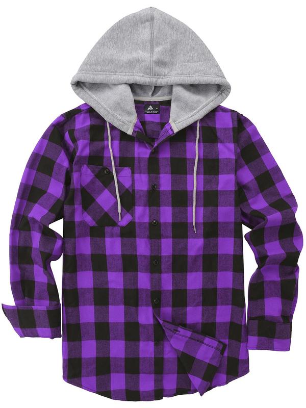  Plaid Patchwork Button Front Hooded Winter Jacket, Casual Regular Fit Long Sleeve Drawstring Pocket Outerwear for Fall & Winter, Men's Clothes for Daily Wear