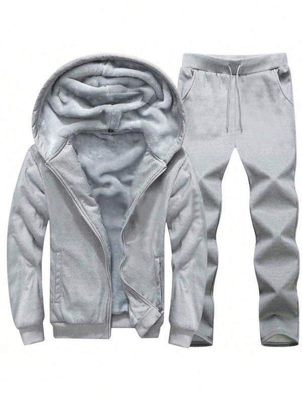 Men's Solid Thermal Lined Two-piece Set, Regular Fit Zip Up Hooded Jacket & Drawstring Waist Pants Set, Men's Casual Fall & Winter Clothes