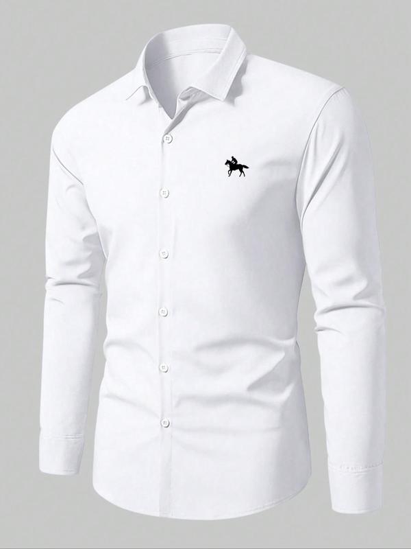 Men's Regular Fit Plain Long Sleeve Collared Shirt, Casual Business Horse Embroidery Top for Spring & Fall, Men's Clothes for Daily Wear