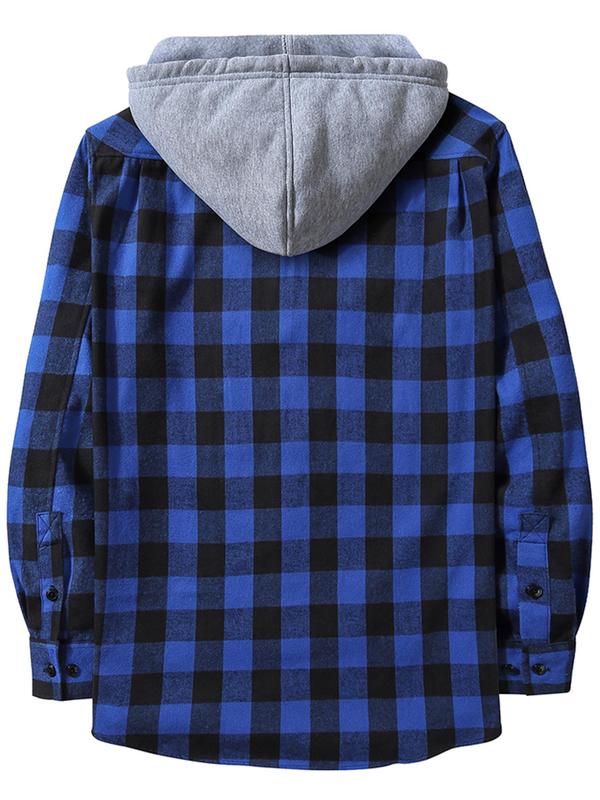  Plaid Patchwork Button Front Hooded Winter Jacket, Casual Regular Fit Long Sleeve Drawstring Pocket Outerwear for Fall & Winter, Men's Clothes for Daily Wear