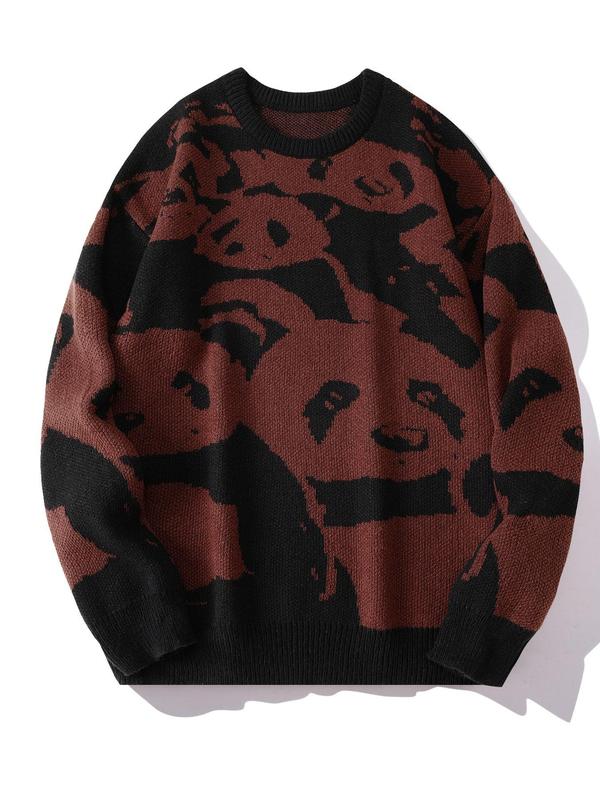 Unisex Men's Colorblock Panda Print Round Neck Sweater, Regular Fit Casual Drop Shoulder Long Sleeve Pullover, Fall Sweaters, Winter Knitwear Top for Men