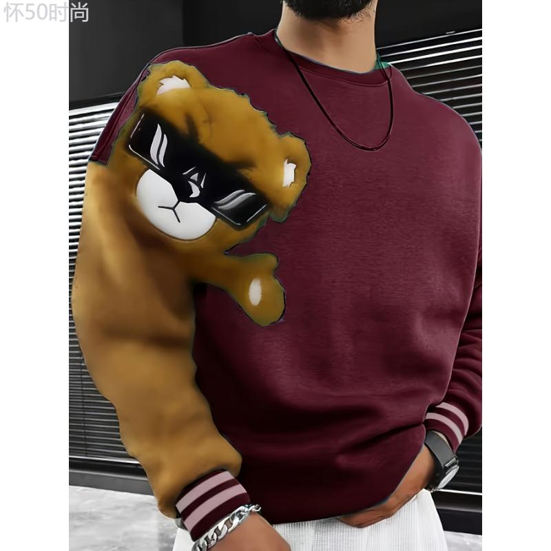 1pc Men'S Casual Cartoon Bear Embroidery Sweatshirt, Polyester Knit Pullover with Round Neck and Regular Fit Collar Fabric