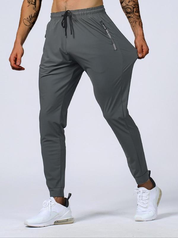 Men's Solid Drawstring Waist Jogger Pants, Summer Outfits 2024, Casual Soft Breathable Plain Regular Fit Zipper Pocket Trousers For Summer, Back-to-School Clothing, Menswear