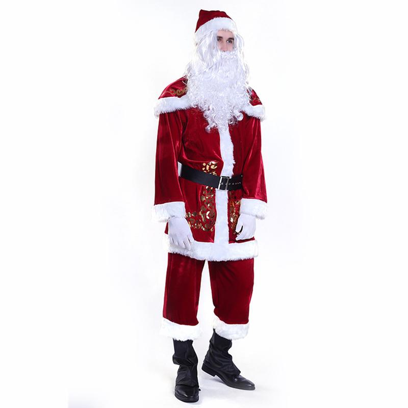 Adult Christmas Santa Claus Cosplay Props Costume Unisex Fancy Dress Coat Pants Beard Belt Hat Party Outfits