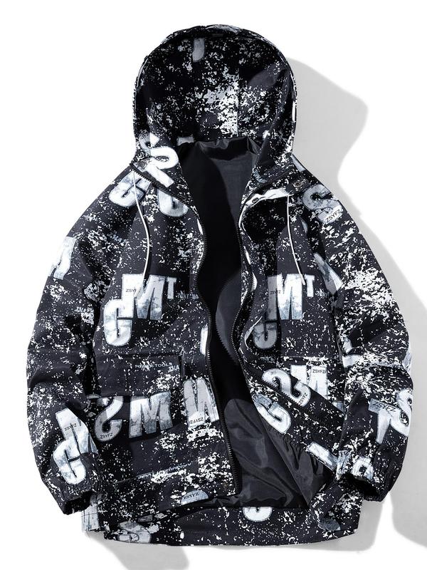 Men's All Over Print Zip Up Hooded Jacket, Regular Fit Casual Drawstring Pocket Patched Outerwear for Spring & Fall, Fashion Men's Clothes for Daily Wear