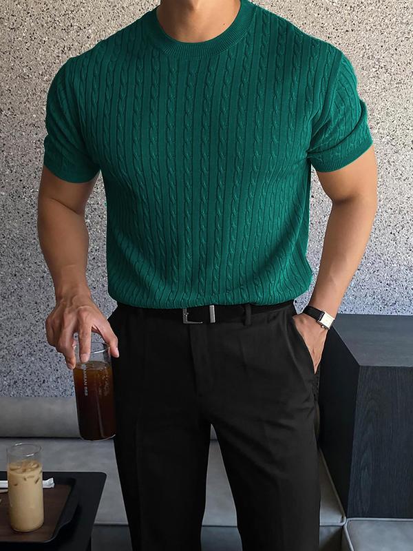 Men's Slim Textured Round Neck Cable Knit Top, Casual Short Sleeve Knitwear for Summer, Menswear Streetwear for Daily Wear