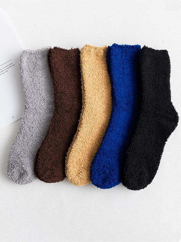 Men's 5 Pairs Plain Thicker Fuzzy Crew Socks, Casual Soft Comfy Warm Knit Socks for Fall & Winter, Men's Socks for Daily Wear, Cold Weather Gear, Menswear