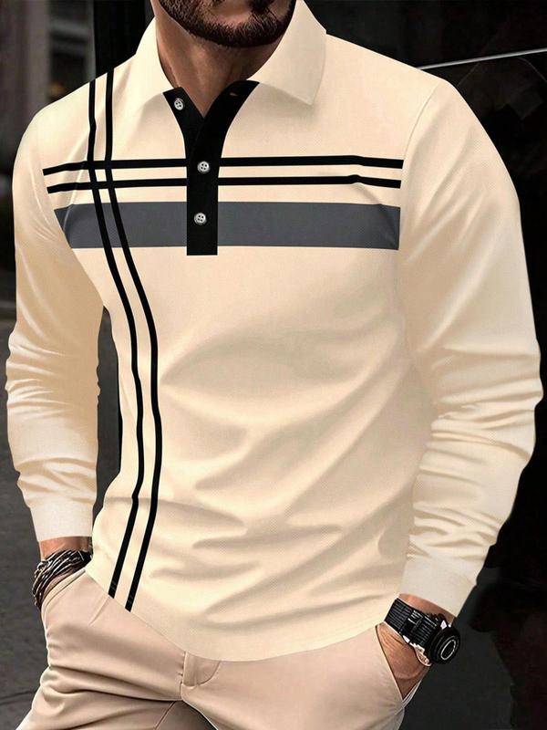 Men's Striped Print Button Front Polo Shirt, Regular Fit Casual Long Sleeve Collared Top for Spring & Fall,  Polo Shirts Men,  Fashion Men's Clothes for Daily Wear