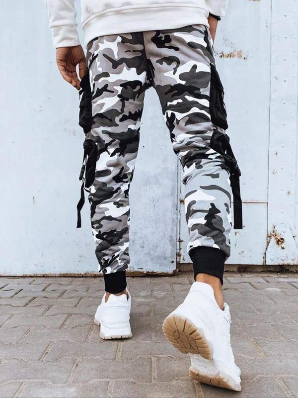 Men's Camo Print Pocket Elastic Waist Cargo Pants, Regular Fit Fashion Casual Trousers for Daily Outdoor Wear, Men's Bottoms for Fall & Winter