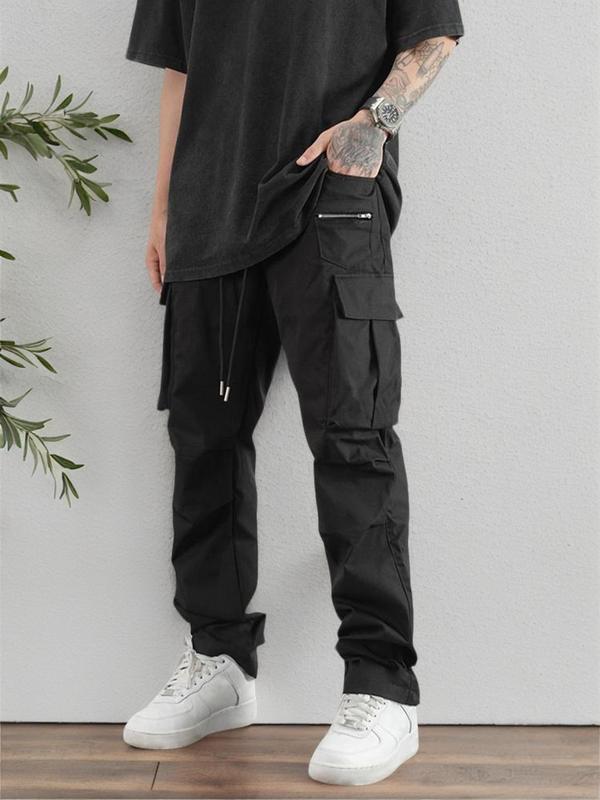 Men's Solid Drawstring Waist Cargo Pants, Casual Loose Multi-pocket Elastic Waist Zipper Design Cargo Pants for Daily Wear, Summer Outfits, Streetwear Trousers for Men, Menswear