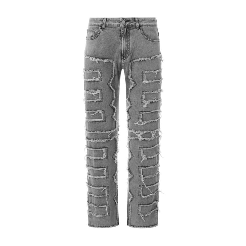 Men's Slim Fit Stretch Jeans Distressed Patchwork Stacked Frayed Straight Leg Skinny Denim Pants