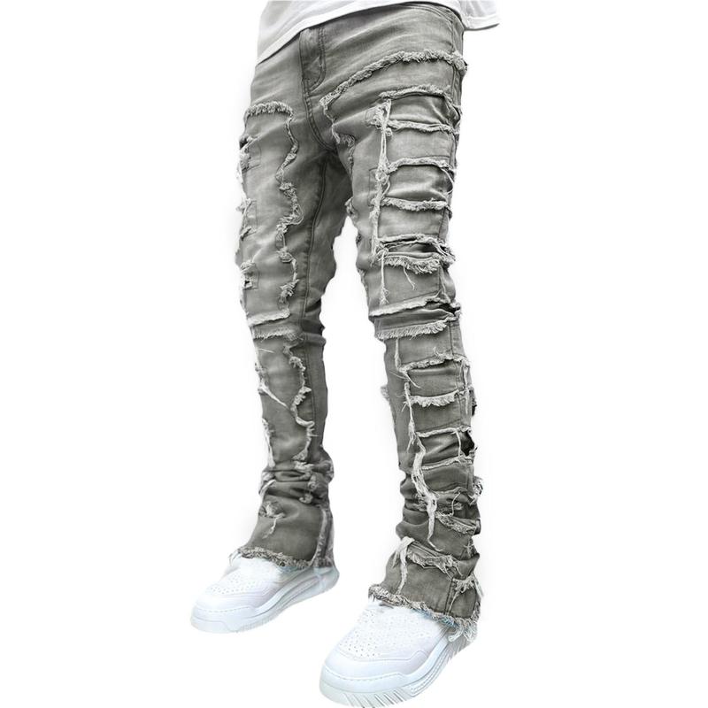 Men's Slim Fit Stretch Jeans Distressed Patchwork Stacked Frayed Straight Leg Skinny Denim Pants