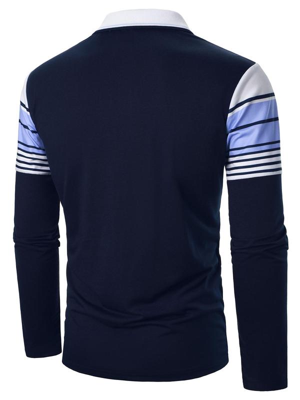 Men's Striped Print Polo Shirt, Regular Fit Casual Long Sleeve Button Front Top for Fall & Winter, Men's Clothes for Daily Wear