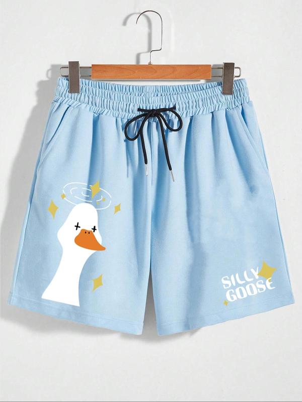 Men's Cartoon Goose & Letter Print Drawstring Sleep Shorts, Regular Fit Casual Comfy Elastic Waist Pocket Shorts for Daily Wear, Sleepwear Loungewear for All Seasons, Essentials Shorts, Shorts for Men