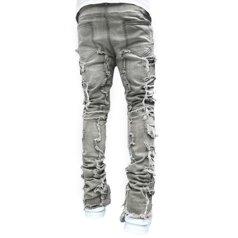 Men's Slim Fit Stretch Jeans Distressed Patchwork Stacked Frayed Straight Leg Skinny Denim Pants