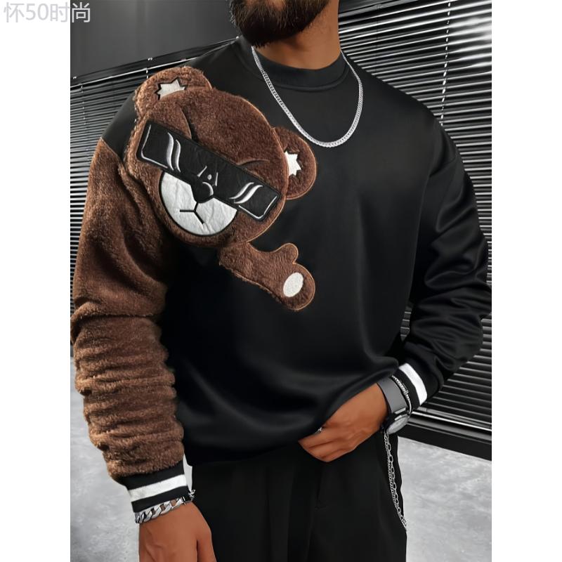 1pc Men'S Casual Cartoon Bear Embroidery Sweatshirt, Polyester Knit Pullover with Round Neck and Regular Fit Collar Fabric