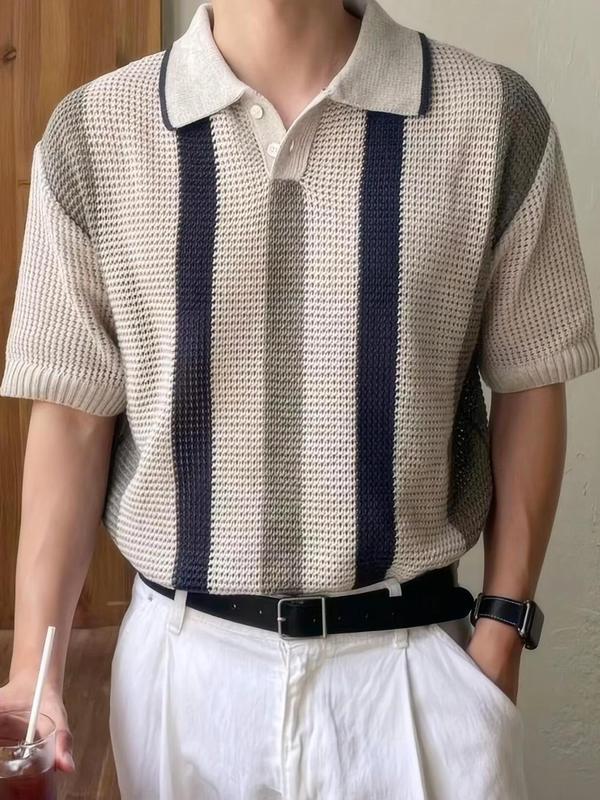 Men's Striped Print Knit Polo Shirt, Casual Short Sleeve Button Front Knit Top for Summer, Fashion Men's Knitwear for Daily Wear