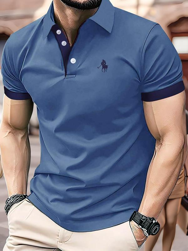 Men's Regular Fit Contrast Binding Polo Shirt, Casual Short Sleeve Button Collar Top for Summer, Fashion Men's Clothes for Daily Wear