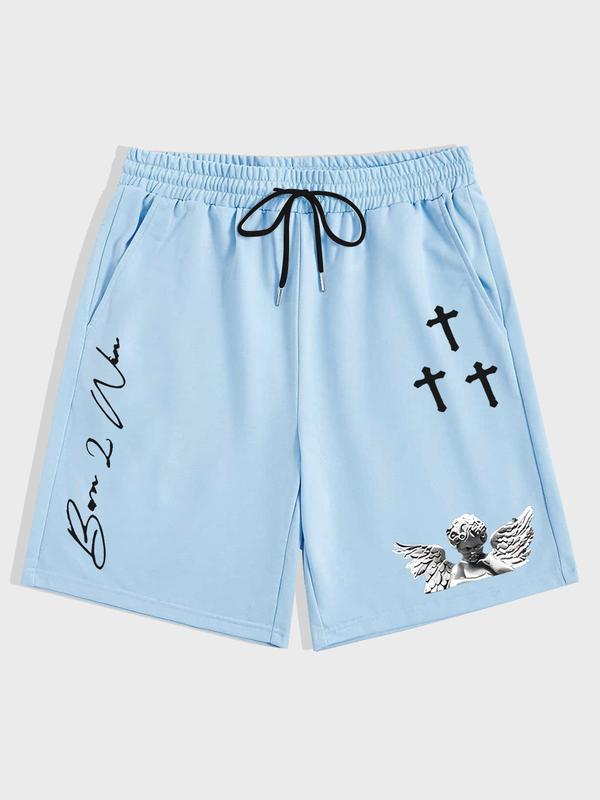 Men's Cross Letter Print Drawstring Waist Shorts, Casual Streetwear Regular Fit Pocket Straight Leg Shorts for Summer, Summer Outfits, Fashion Men's Back To School Bottoms for Daily Wear